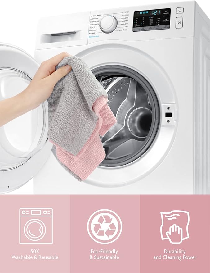 Fantasticlean Microfiber Cleaning Cloth Roll -150 Pack, Tear Away Microfiber Towels, 12" x 12", Reusable, Washable, Ultra Absorbent Dishcloth for All-Around Cleaning Supplies (Pink & Grey)