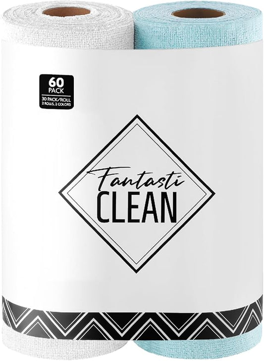 Fantasticlean Microfiber Cleaning Cloth Roll -60 Pack, Tear Away Microfiber Towels, 12" x 12", Reusable, Washable, Scratch Free, Ultra Absorbent Dishcloth for All-Around Cleaning (White & Blue)