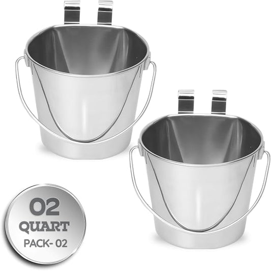 2 Quart Stainless Steel Flat Sided Bucket with Dual Hooks | 2 Pcs Durable Food & Water Bowl for Dog Cats Bird & Small Animals | Fits kennel Cage Crates Hanging Pet Pail | Multipurpose use
