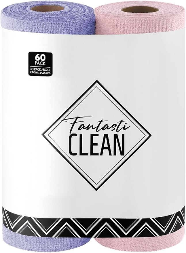 Fantasticlean Microfiber Cleaning Cloth Roll -60 Pack, Tear Away Microfiber Towels, 12" x 12", Reusable, Washable, Scratch Free, Ultra Absorbent Dishcloth for All-Around Cleaning (Pink & Lavender)