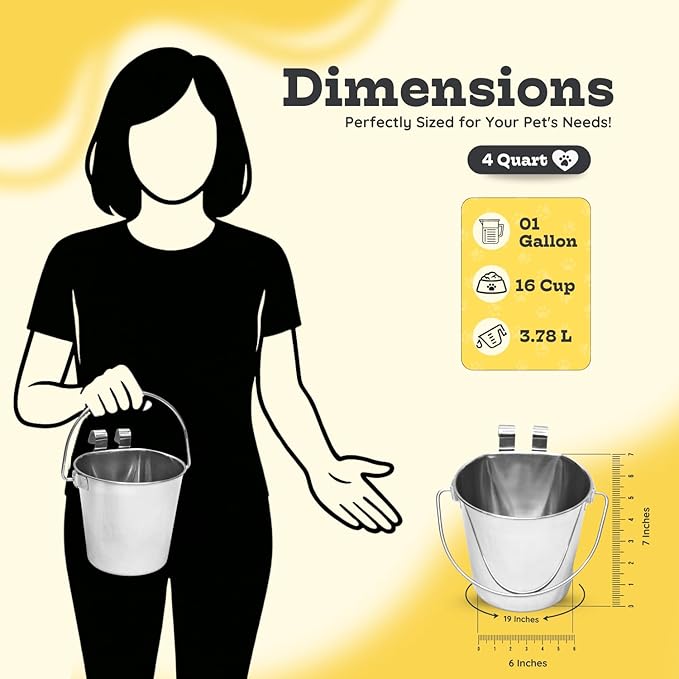4 Quart Stainless Steel Flat Sided Bucket with Dual Hooks | 2 Pcs Durable Food & Water Bowl for Dogs Cats Goat & Livestock | Fits kennel Cage Critter Crate Hanging Pet Pail | Multipurpose