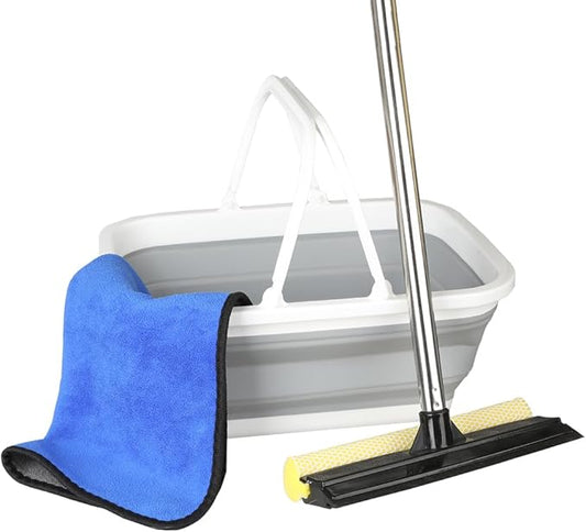 Window Cleaning Kit, Squeegee with Bucket for Windshield Cleaning, Bathroom, Shower Doors, Mirrors, Tiles, and Car Windows (Grey)