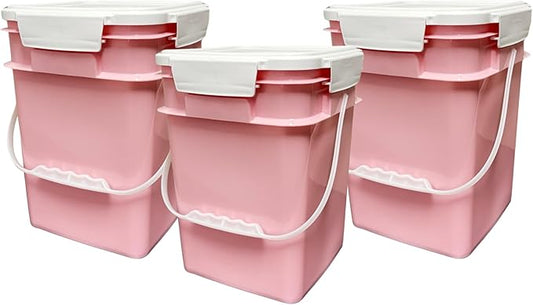 House Naturals 4 Gallon Square Food Grade Bucket Pail with Plastic Handles and Lid (Pack of 3) Made in USA containers (Pink - White lids)