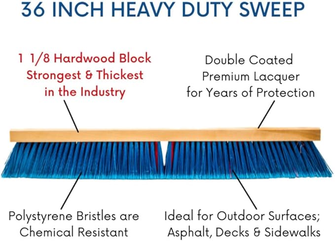 4-Pack - 36" Heavy Duty Outdoor Push Broom with 60" Handle. Ideal for Asphalt, Concrete & Heavy Debris. Durable American Made Steel Brackets-Stainless Steel Hardware. No Plastic. 100% USA Made