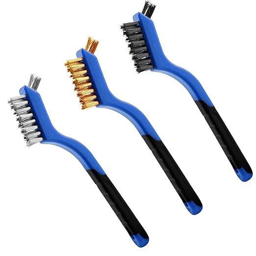 Wire Brush Set 3Pcs, Nylon/Brass/Stainless Steel Bristles with Curved Handle Grip for Cleaning with Curved Handle Grip for Rust Removal, Dirt, Paint Scrubbing Blue