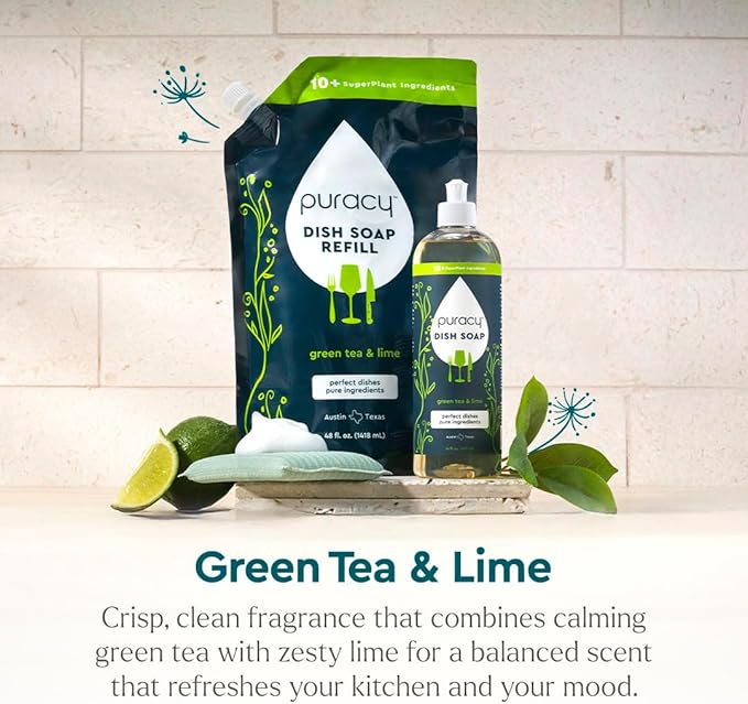 Puracy Natural Dish Soap Refill - Skin-Softening Plant-Based Liquid Dishwashing Detergent Soap, Clean-Rinsing Water-Sheeting Formula (Green Tea & Lime, 48 fl oz)