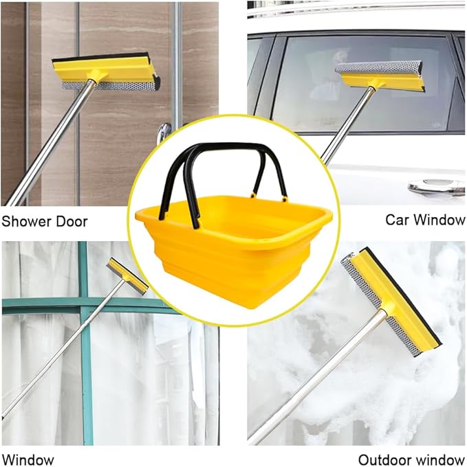 Windshield Car Squeegee and Collapsible Washing Bucket Combo Set, 2 in 1Window Squeegee with Long Handle