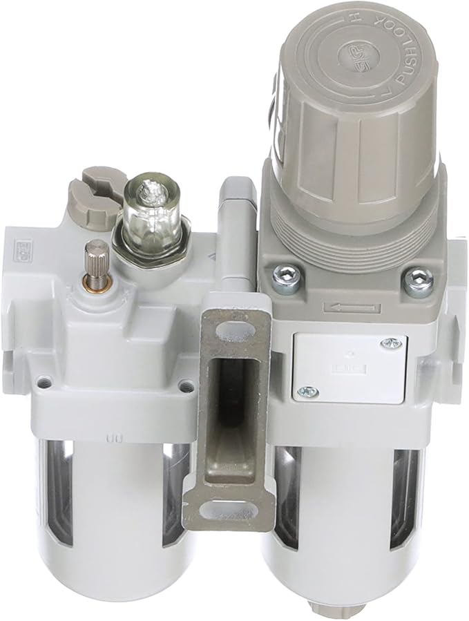 PneumaticPlus SAU310-N03G Compressed Air Filter Regulator Lubricator Piggyback Combo 3/8" NPT - Poly Bowl, Manual Drain, Bracket, Gauge