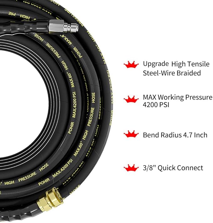 POHIR Power Washer Hose 25FT x 1/4 Inch with 3/8" Quick Connector, High Tensile Wire Braided Heavy Duty Kink Resistant High Pressure Hose 4200PSI, 2 Pcs M22 to 3/8 Adapters Set Accessories