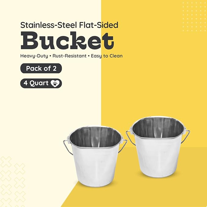 Flat Side Stainless Steel Bucket 4 Quart Hanging Feeding Pail for XL Dogs Cats Goats Sheep, Fits Kennel Cage Compatible, Heavy Duty Food and Water Feeder, 1 Gallon Silver Buckets 2 Pack