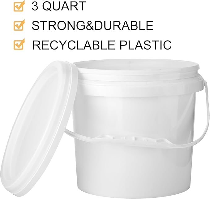 Gerrii 10 Pack White Plastic Bucket with Handle and Lid Food Storage Bucket Containers All Purpose Pail for Multipurpose Paint Water Art Crafts Projects Garage Organization (White,3 Quart)
