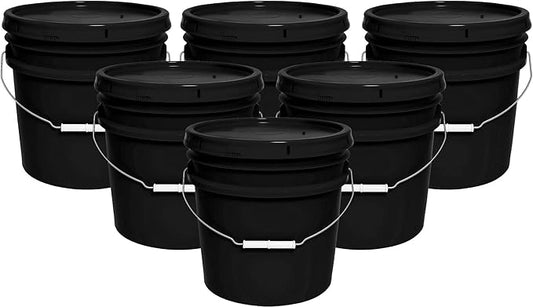 3.5-Gallon Bucket with Airtight Lid – Heavy-Duty Durable Pail – Made in USA – Premium Quality HDPE – Food Grade – BPA Free – Metal Handle with Plastic Grip – Stackable – Multi-Use – Black, 6 Pack
