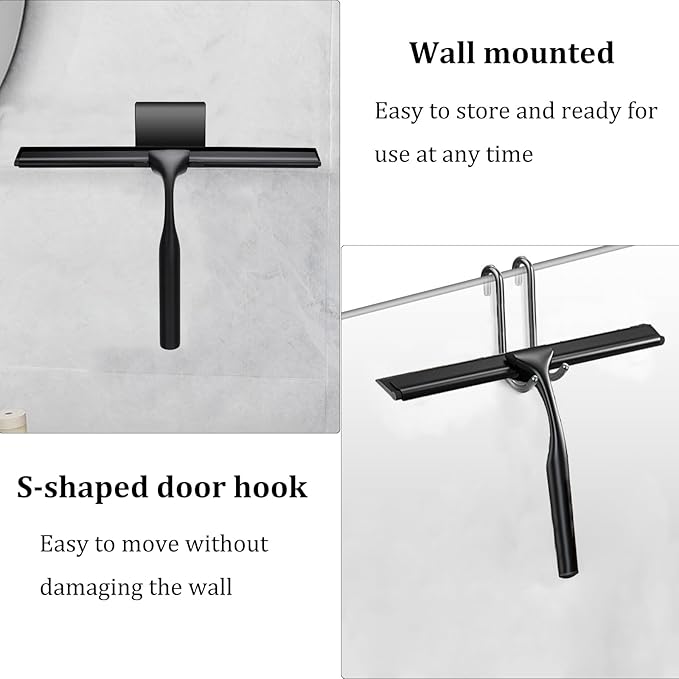10-Inch Shower Squeegee for Glass Doors, Stainless Steel Shower Squeegee with Shower Door Hook & Adhesive Hook, Multi-Purpose Bathroom Squeegee for Glass, Door, Mirror and Window (Black)