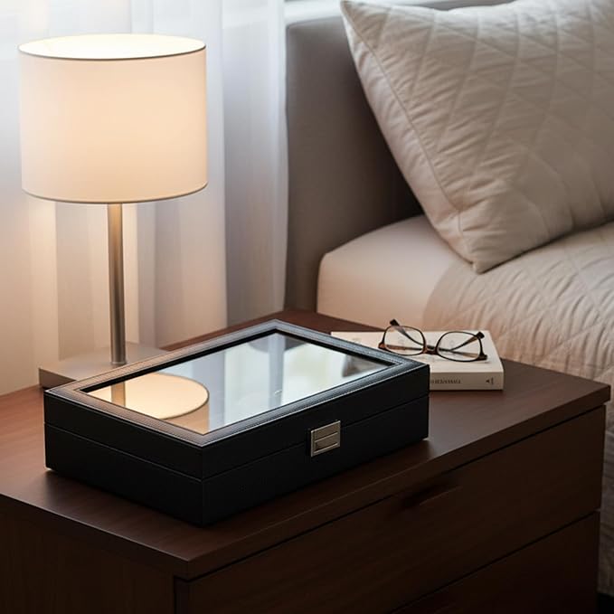 BEWISHOME Glasses Organizer for Men, Sunglasses Organizer, 8-Slot Sunglasses Storage Case with Large Clear Glass Lid, PU Leather Lined Eyewear Display Box