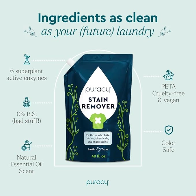Puracy Stain Remover, Natural Travel and Laundry Stain Cleaner for Clothes, Baby Essentials, Kids Stains, Oil and Fabric Spot Cleaner, Unscented (Stain Remover Spray, 48 fl oz)