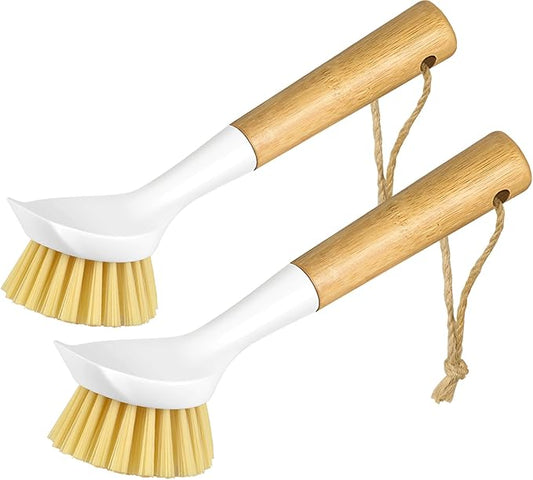 Dish Brush Set with Bamboo Handle, Kitchen Brushes for Cleaning Pot, Sink and Stove, Skillet Scrubber with Tough Bristles for Cast Iron Grill Pan, 2 Pack
