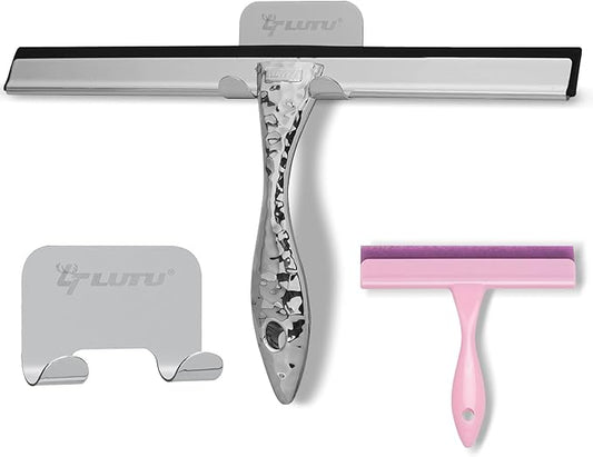 2-Pack Shower Squeegee for Glass Doors, 10 inch Silver Stainless Steel & 5 inch Pink Mini with 2 Hooks, Non-Slip Hammered Handle, Silicone Wiper for Shower, Bathroom, Tile and Mirror