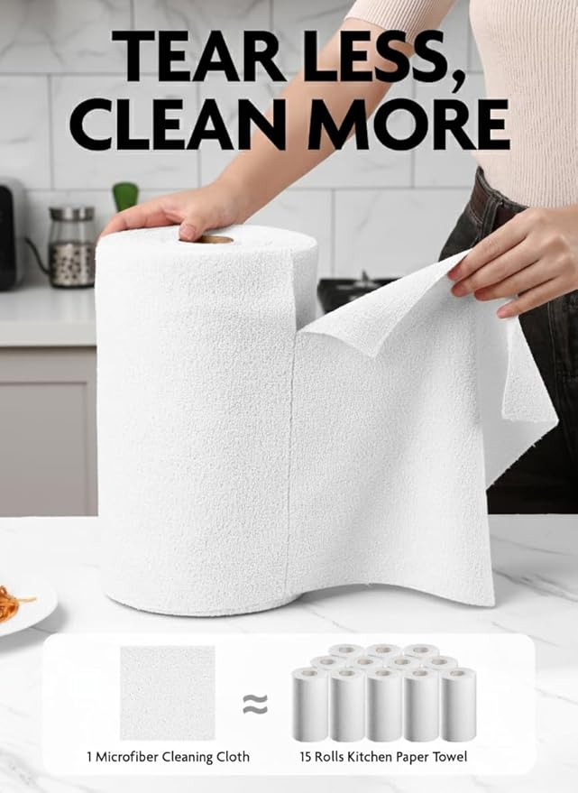 Fantasticlean Microfiber Cleaning Cloth Roll -90 Pack, Tear Away Microfiber Towels, 12" x 12", Reusable, Washable, Scratch Free, Ultra Absorbent Dishcloth for All-Around Cleaning Supplies (White)