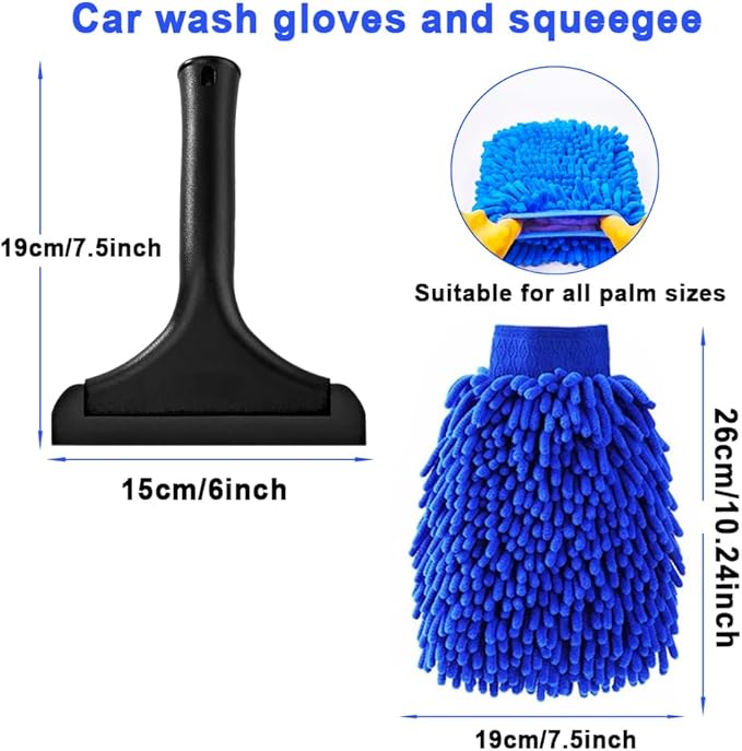 Window Tint Tool Small 6" Silicone Handy Cleaning Squeegee and Car Wash Mitt Chenille Microfiber Super Absorbent for Car Windshield, Window, Mirror, Glass Door,Shower(Black and Blue)