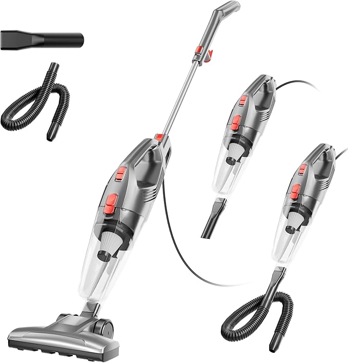 Corded Stick Vacuum Cleaner - Lightweight, Powerful Suction with 450W Motor, 3-in-1 16.4Ft Cord Vacuum Cleaners for Home, Hard Floor, Carpet, Pet Hair Black Gray