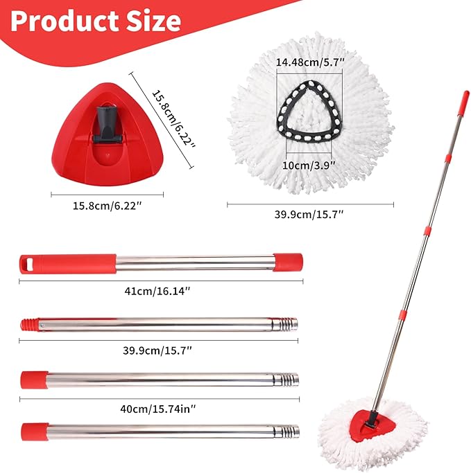 Mop Replacement Heads, Handle, Base Compatible with O Cedar EasyWring 1-Tank Spin Mop System, 2 Microfiber Mop Head Refills, 4-Section Iron Handle 30-58in and 1 Spin Base Cover Set