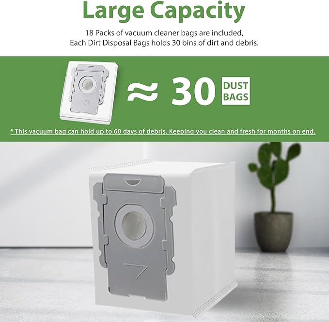 18 Pack Vacuum Bags for iRobot Roomba i7 i7+ i8 i8+ i3 i3+ i4 i4+ j7 j7+ j9+ s9 105 405 505 705 Combo, i, s, j, 100, 400, 500, Max 705 Combo Vac Series, All Clean Base Automatic Dirt Disposal Bags