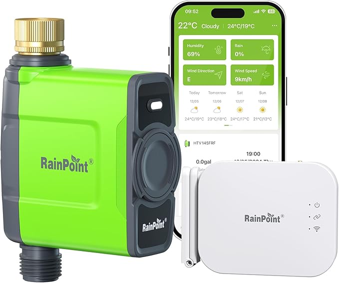 RAINPOINT WiFi Water Timer for Garden Hose, Brass Inlet WiFi Sprinkler Controller, Smart Hose Timer Valve with Ethernet Gateway, Rain Delay for Garden/Lawn (Support WiFi & Ethernet Connection)