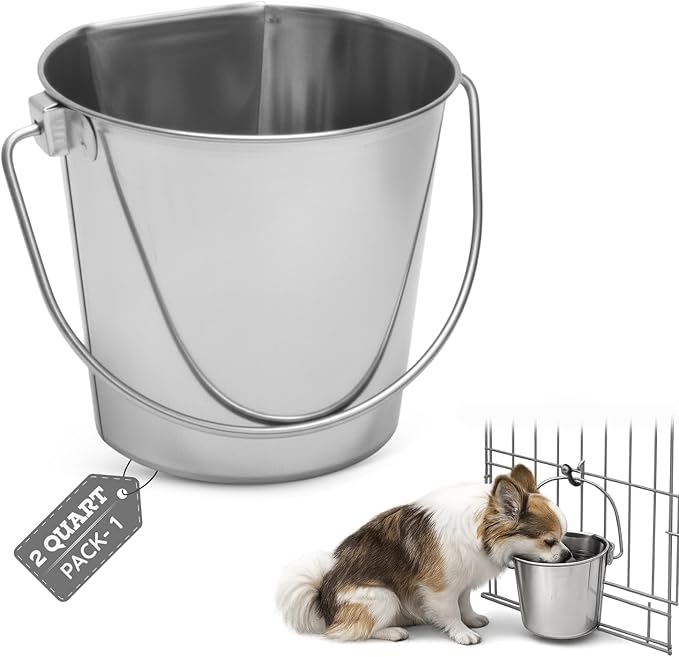 2 quart Stainless Steel Flat Side Bucket | 0.5 gal Durable Heavy Duty Food & Water Feeding Pails for Small Pet Birds Dog Cat | Fits kennel Cages Critter Crates Hanging Pail | Multipurpose