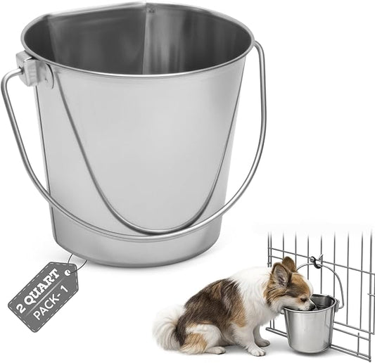 2 quart Stainless Steel Flat Side Bucket | 0.5 gal Durable Heavy Duty Food & Water Feeding Pails for Small Pet Birds Dog Cat | Fits kennel Cages Critter Crates Hanging Pail | Multipurpose