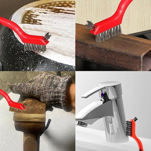 Wire Brush Set for Rust, Paint & Detail Cleaning – 6-Piece Brass, Stainless Steel & Nylon Brushes with Curved Handle for Tight Spaces, Metal, Tile & Household Use