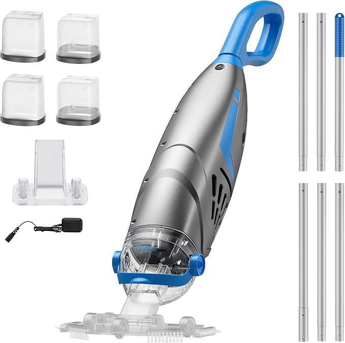 UIRWAY Cordless Pool Vacuum for Above Ground Pools, Upgraded 26.5 GPM Powerful Suction, IPX8 Handheld Rechargeable Pool Cleaner 2 Vacuum Heads & 4 Filter Bags, 1H Runtime, Portable for Inground Pools