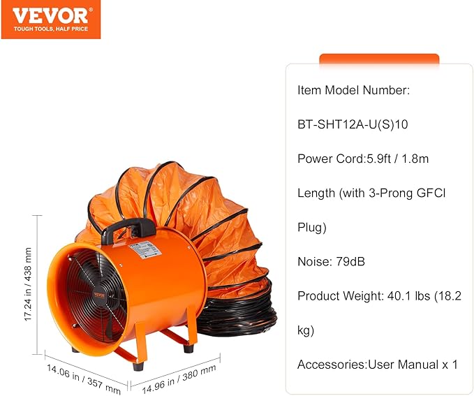 VEVOR Air Mover Blower Fan 12 Inch, 3198CFM 585W with 33ft Flexible Duct, Industrial Portable Ventilator Blower/Exhaust, Orange