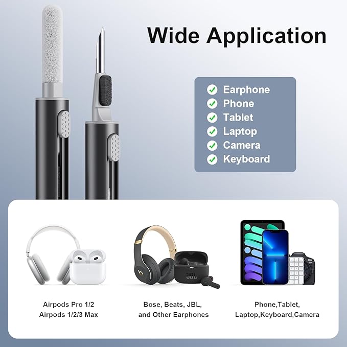 Cleaner Kit for Airpods Pro 1 2 3 Multi-Function Cleaning Pen with Soft Brush Flocking Sponge for Bluetooth Earphones Case Cleaning Tools Black