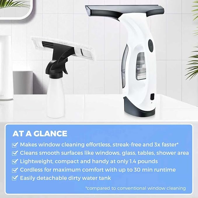 Cordless Window Vacuum Cleaner, Window Cleaner Squeegee Tool Set, Electric Windown Spray Cleaning Tool with 10 inch Squeegee Blade for Showers,Glass,Countertops,and Tiles, 2200mAh (Black White)