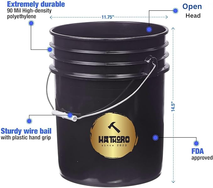 5 Gallon Food Grade Plastic Bucket, Open Head Pail with Handle, 12-3/8 in Diameter x 14-3/4 in Height (Black, 2 Pack)