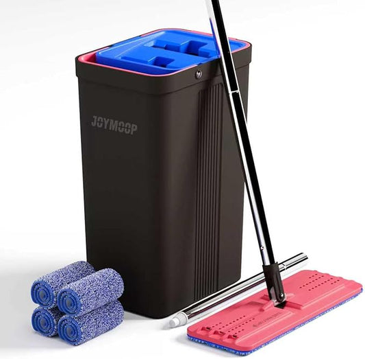 JOYMOOP Mop and Bucket with Wringer Set, Hands Free Flat Floor Mop and Bucket, with 4 Washable Microfiber Pads, Wet and Dry Use, Floor Cleaning System - Black+Red+Slate Blue