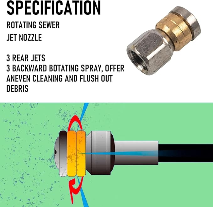 Hourleey Sewer Jetter Kit for Pressure Washer 50FT, 4000 PSI Drain Cleaner Hose 1/4 Inch NPT, Corner Rotating and Button Hose Sewer Jetting Nozzle Pearl Corsage Pin Tape Handle Strap Spanner, Green