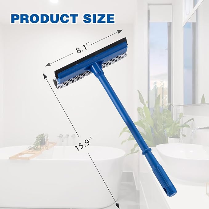 15.9" Window Squeegee for Car,2-in-1 Window Cleaner with Long Stainless Steel Handle, Soft Rubber Blade & Highly Absorbent Sponge – for Showers, Car Windshields, Gas Stations, and Glass