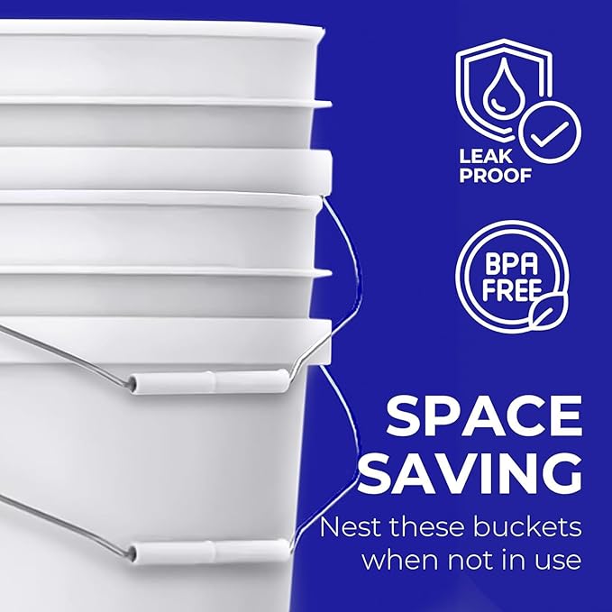 6.5-Gallon White Bucket Pail Container with Lid | Food Grade | Heavy-Duty 90MIL Extra Durable | Metal Handles with Plastic Grip for Easy Carrying | Multi-Use | Easy Stack and Store | BPA Free - 3 Pack