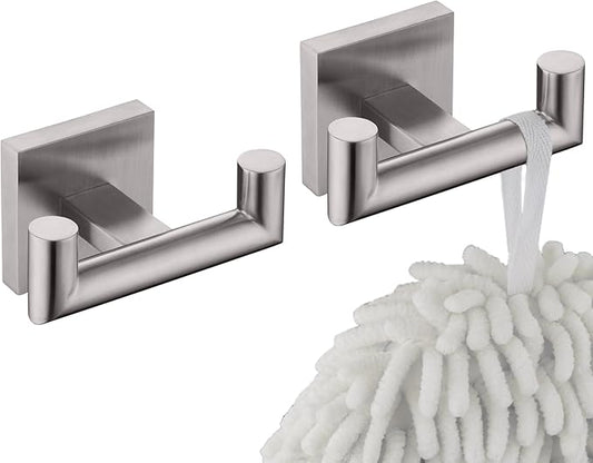 KOKOSIRI Robe Hook Bathroom Double Towel Coat Hooks for Bath Kitchen Wall Mounted, 2 Pack Brushed Nickel Stainless Steel B1015BR-P2