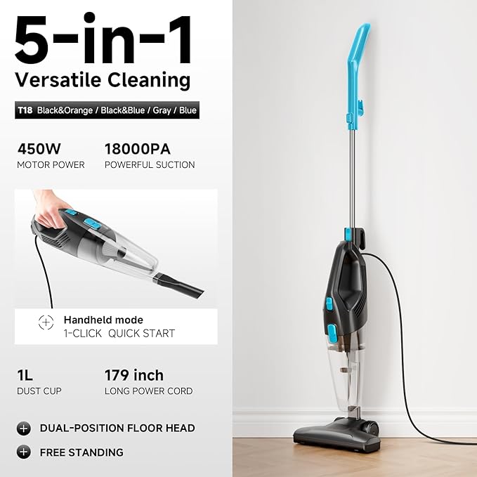 Corded Stick Vacuum Cleaner - Lightweight, Powerful Suction with 450W Motor, 3-in-1 16.4Ft Cord Vacuum Cleaners for Home, Hard Floor, Carpet, Pet Hair Light Blue