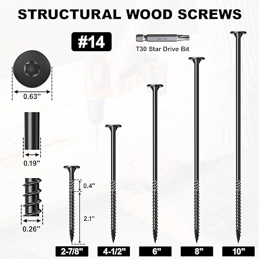 #14 Heavy-Duty Wood Screws, Star Drive Deck Screws, Rust Resistant Timber Screws for Timber/Log/Landscaping Wood (10 Inch,100Pcs,Black)