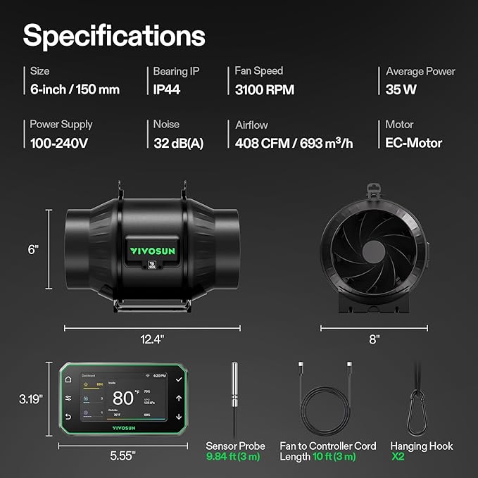 VIVOSUN T6 6" Inline Duct Fan & Temperature Humidity Controller, E42A+ WiFi-App Control AeroZesh Grow Tent Fan& Smart Thermostat, 408 CFM EC Motor Exhaust Fan for Heating Cooling, Greenhouse Accessory