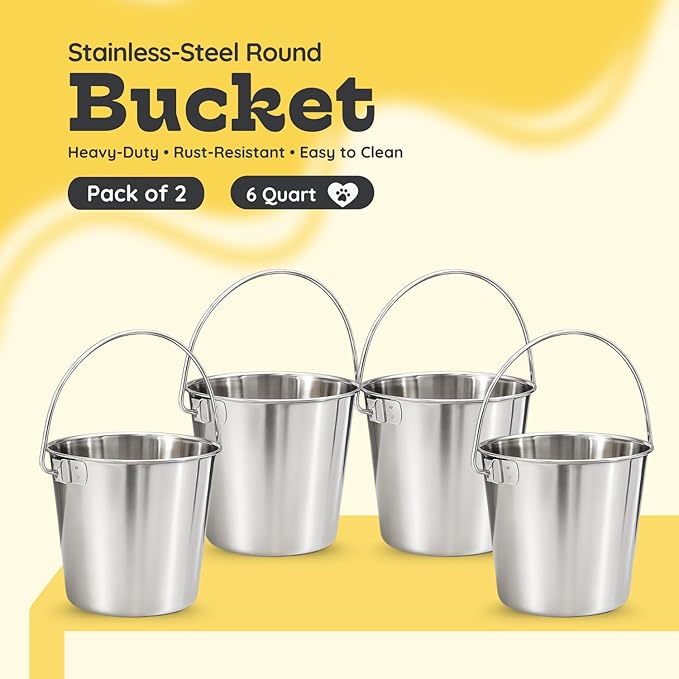 2 quart Heavy Duty Stainless Steel Round Bucket with Handle 4Pcs | 0.5gal Sturdy Food & Water Bowl for Small Birds Dog Cat & Livestock | Fits kennel Crate Cage Farm | Hanging Utility Pail