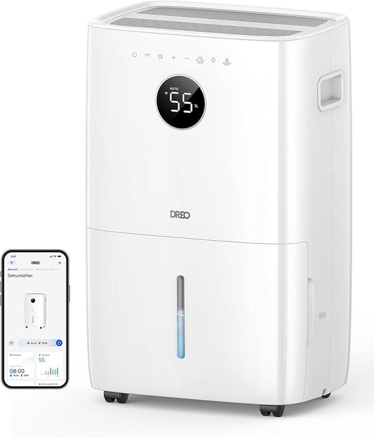 DREO 110-Pint Smart Dehumidifier for Basement, 4500 Ft² for Large Room, 2 Gallon Water Tank, Auto/Comfort/Constant Mode Dehumidifiers for Home, Bedroom, Bathroom, with Drain Hose, White, 711S