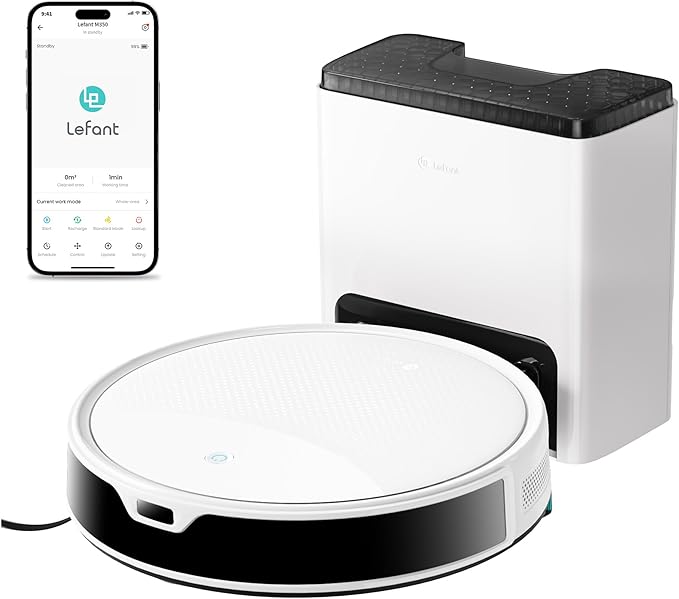 Lefant M350 Robot Vacuum and Mop Combo, 40-Day Self-Emptying, 190° PSD Obstacle Avoidance,6000Pa Suction，Quiet,Smart Navigation,Self-Charging, for Hard Floor, Carpet, Pet Hair,150 Min Runtime.White