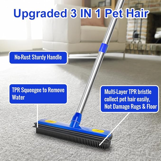 Pet Hair Removal Broom - with 58" Telescopic Handle Broom with Squeegee - Fur Hair Remover Tool for Carpet Rugs, Mats. Hardwood, Tile, Window