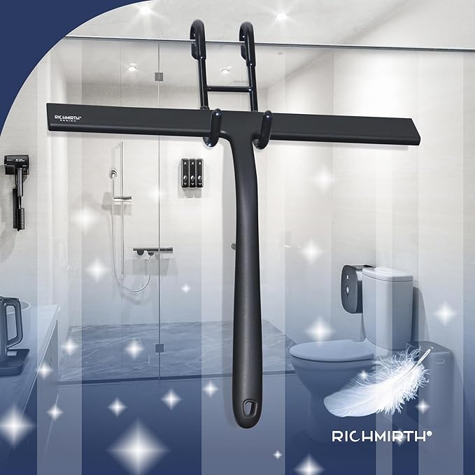 12 Inch Silicone Shower Squeegee for Glass Doors with Hook – Streak-Free Window Cleaner for Bathroom, Mirror, Tile & Car, No Scratch Squeegee with Metal Core (Black)