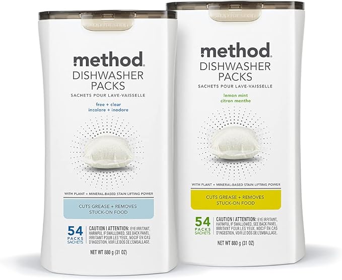 Method Dishwasher Detergent Packs, Lemon Mint, Dishwashing Rinse Aid to Lift Tough Grease and Stains, 30 Dishwasher Tabs per Package, (Pack of 4)