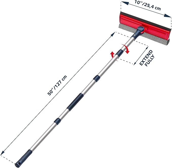DSV Standard Professional Window Squeegee | 2-in-1 Window Cleaner Sponge and 10" Soft Rubber Strip with Extension Pole 34 INCH & 86.5 cm | Adjustable to Clean from Multiple Angles